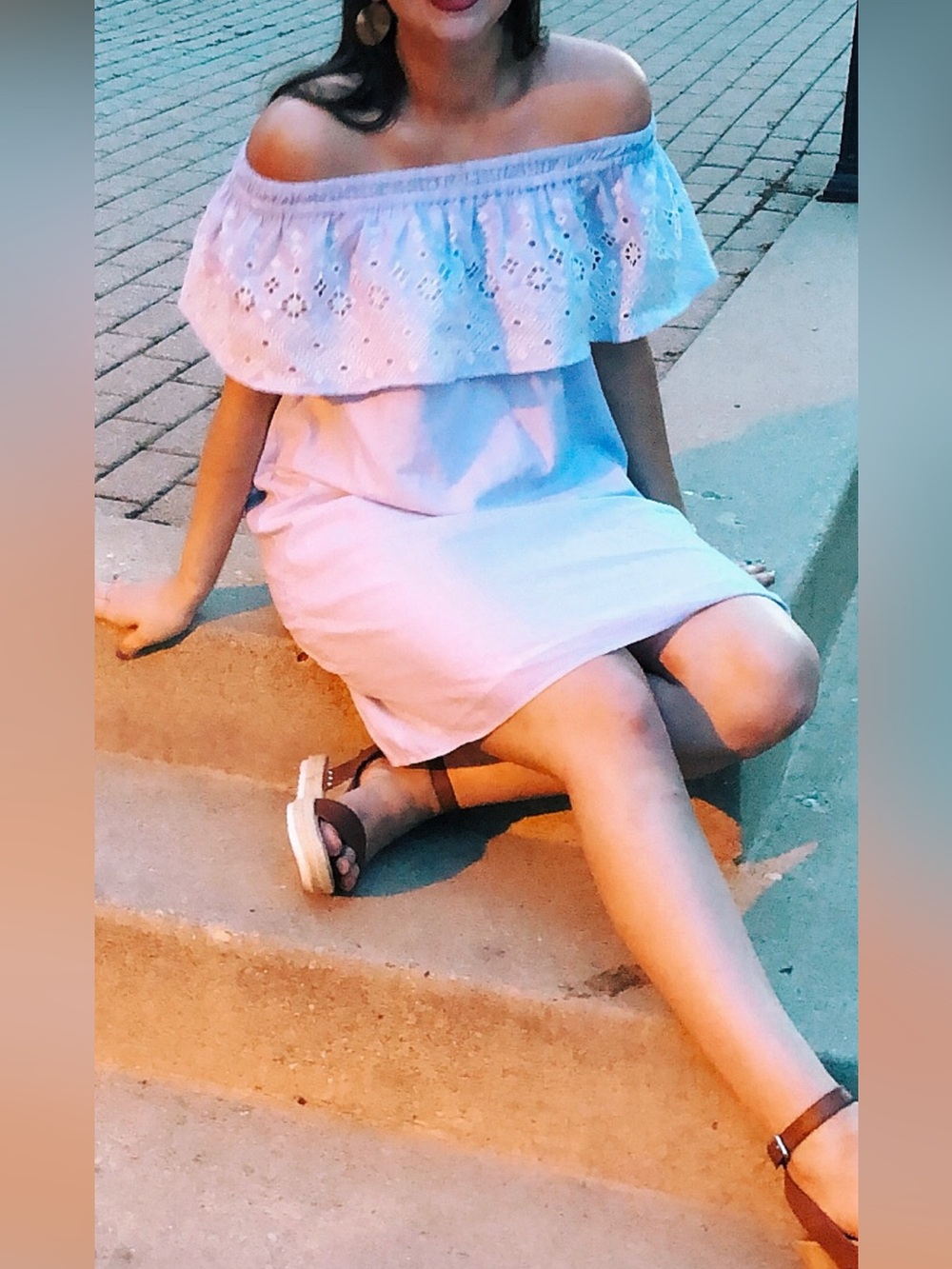 LOFT Blue & White Stripped Off the Shoulder Dress